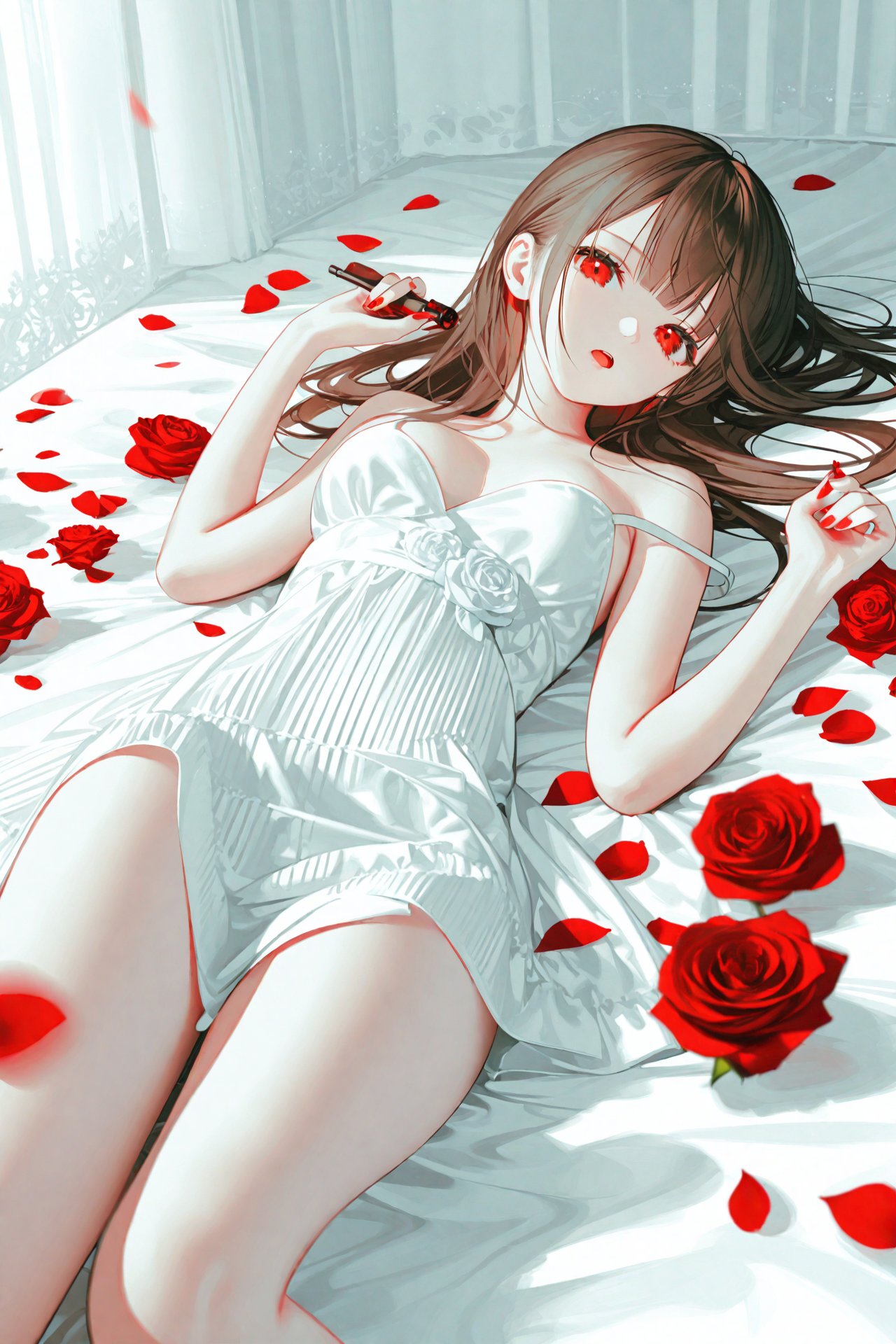 masterpiece,best quality,illustration,ultra detailed,hdr,Depth of field,(colorful),[Artist chen bin],[iumu],[Artist omone hokoma agm],Artist roha,1girl,solo,petals,red eyes,long hair,lying,brown hair,flower,on back,rose,looking at viewer,strap slip,open mouth,nail polish,red flower,bare shoulders,rose petals,bed sheet,bare arms,dress,white dress,red rose,sleeveless,red nails,breasts,sleeveless dress,holding,curtains,