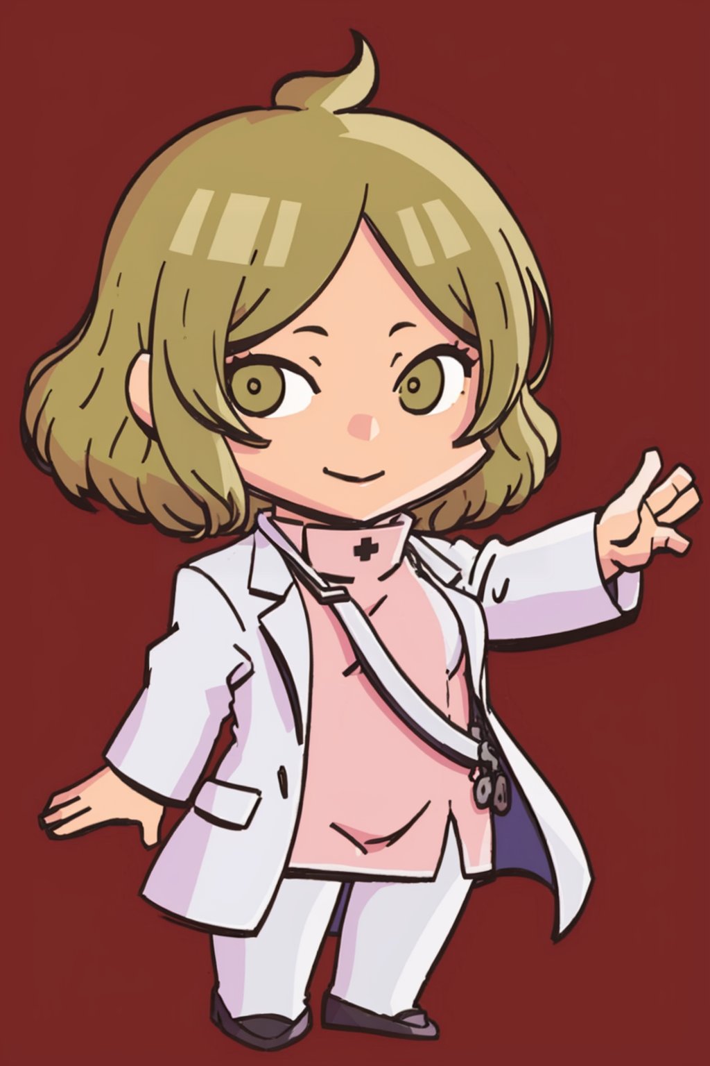 masterpiece, best quality, solo, 1girl, looking at viewer, smile,  <lora:Otome_Fp:1>, otomedesu2, nurse, labcoat, pantyhose,   <lora:FEH-MTH_Fp:0.8> simple background, chibi, 