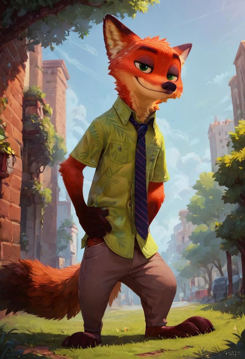 score_9, score_8_up, score_7_up, pinup pose, Expressiveh, looking at viewer, perfect face, colorful, dramatic angle, unique perspective, unique angle, wide angle, grass, trees, building, street, full body view, 1boy, solo, furry, necktie, green eyes, shirt, pants, tail, smile