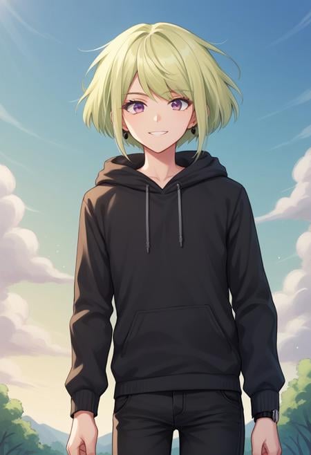 score_9, score_8_up, score_7_up, source_anime, highly detailed, lio, 1boy, male focus, purple eyes, solo, green hair, jacket, watch, wristwatch, hood, earrings, jewelry, blonde hair, black jacket, looking at viewer, androgynous, pants, hoodie, smile,day, blue sky, tree, clouds,