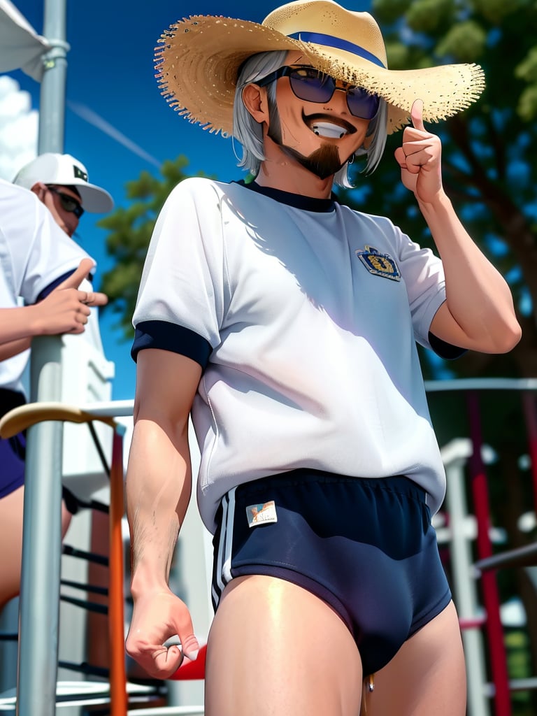 masterpiece, best quality, ultra-detailed, illustration,BK2S, taisoufukuN, gym uniform,  (mascular male:1.8), Fine macho, silver hair , short cut, sunglasses, cowboy hat, hold beer can, laughing, thumbs up, blue sky, sunlight, cloud, <lora:TaisofukuN_V2:1>