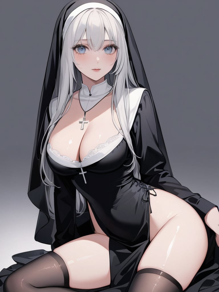 masterpiece,ultra-detailed,best quality,8K,illustration,cute face,clean skin ,shiny hair,girl,ultra-detailed-eyes,simple background, <lora:add-detail-xl:1> <lora:nun_XL_V1.0:0.8> nun, black dress,cleavage, thighhighs, cross necklace