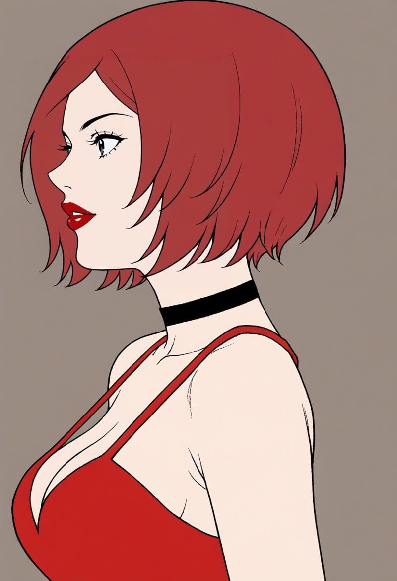 <lora:FlatColor:1.0> flat color, 1girl, source_anime, red dress, lipstick, choker, from side, medium breasts, cleavage, 