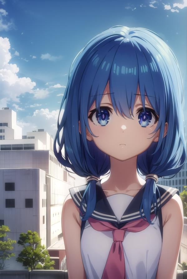 dalyoshino, <lora:dal yoshino s2-lora-nochekaiser:1>,yoshino casual, long hair, blue eyes, twintails, school uniform, blue hair, eyepatch, puppet, hand puppet, serafuku, sleeveless,BREAK ,BREAK outdoors, city, sky, clouds, buildings, sun,BREAK looking at viewer, (cowboy shot:1.5),BREAK <lyco:GoodHands-beta2:1>, (masterpiece:1.2), best quality, high resolution, unity 8k wallpaper, (illustration:0.8), (beautiful detailed eyes:1.6), extremely detailed face, perfect lighting, extremely detailed CG, (perfect hands, perfect anatomy),