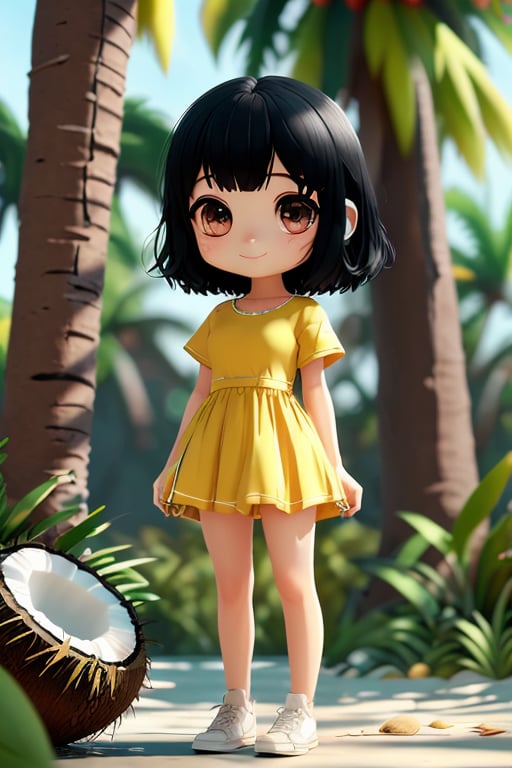 1girl in white T-shirt and yellow dress,white shoes,black hair,black eyes,delicate facial features,big head,big eyes,small body,smiling,with a coconut in her hand,full body,coconut tree,chibi,cute,diamond luster,clay material,precision mechanical components,OC rendering,niji,cartoon,highres,expressive,IP,3D,C4D,Blender,ray tracing,16K,HD,chibigirl,, (best quality), ((masterpiece)), (an extremely delicate and beautiful), original, extremely detailed wallpaper