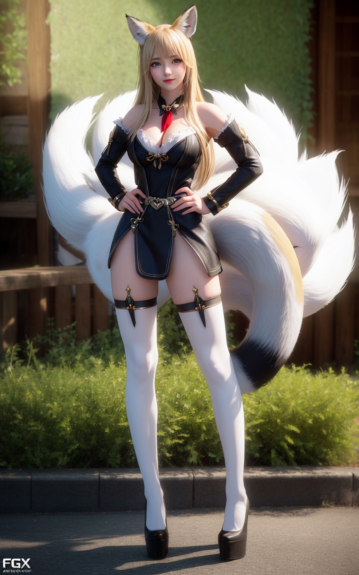 best quality,masterpiece,highres,cg,1girl, animal ears, tail, fox ears, solo, fox tail, breasts, thighhighs, blonde hair, multiple tails, high heels, large breasts, heart, long hair, hand on hip, cleavage, black thighhighs, looking at viewer, bare shoulders, facial mark, dress, whisker markings, fingernails, underwear, alternate costume, fox girl, full body,lighting,candid,Photograph,high resolution,4k,8k,Bokeh,