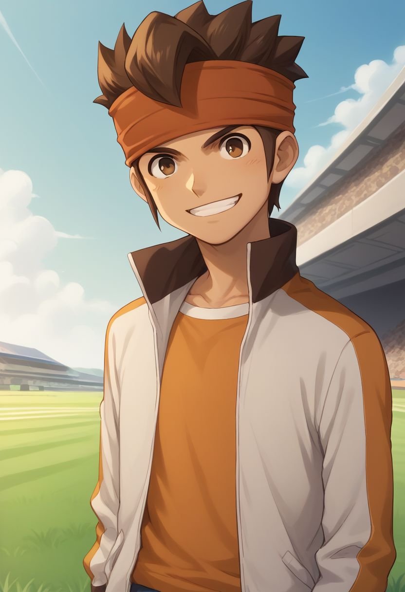 score_9, score_8_up, score_7_up, source_anime, highly detailed,endou, 1boy, male focus, headband, solo, brown hair, brown eyes, jacket, pants, open jacket, track jacket, orange shirt, blue pants, upper body, smile, grin,outdoor, grass, sky,