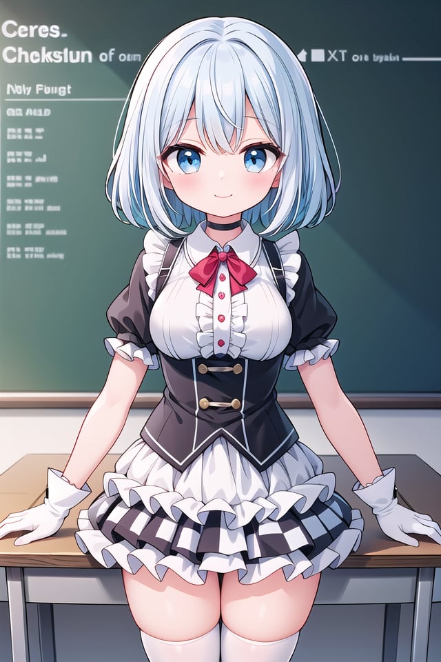 insanely detailed, absurdres, ultra-highres, ultra-detailed, best quality,1girl, solo, nice hands, perfect handsBREAK(a checkered clothes:2.0), (a checkered idol clothes:1.6), (short frill sleeve:1.3), (layered skirt,multilayer-skirt:1.6), (white thigh-high socks:1.4), (white choker,white glove with frill:1.3)BREAKhappy smile, laugh, closed mouthBREAK(45 angle:-1.5), (from side:-1.5),standing, cowboy shot, looking at viewerBREAKslender, kawaii, perfect symmetrical face, ultra cute girl, ultra cute face, ultra detailed eyes, ultra detailed hair, ultra cute, ultra beautifulBREAKin classroom, school desk, school chair, chalkboard, depth of field, ultra detailed backgroundBREAKmedium breastsBREAKturquoise blue hair, black eyes, cornrows