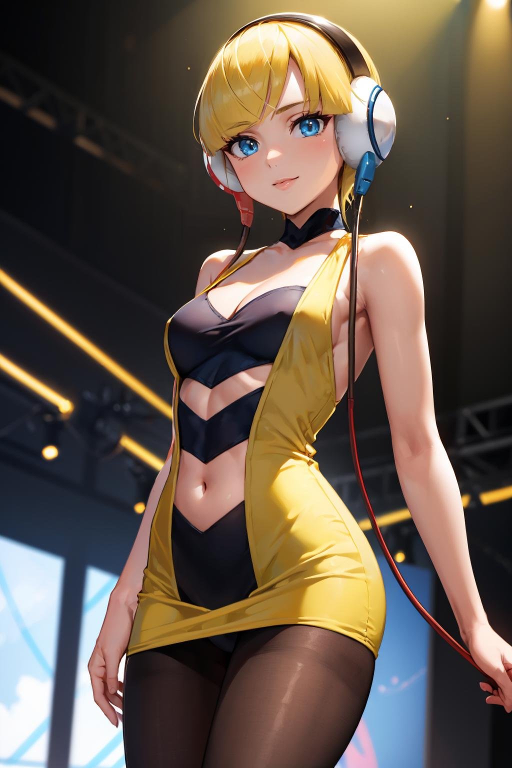 masterpiece, best quality, <lora:elesa-nvwls-v1-000010:0.9> bw1elesa, blonde hair, short hair, headphones, (cables:1.4), choker, cleavage, black and yellow dress, short dress, clothing cutout, navel cutout, sleeveless, pantyhose, looking at viewer, cowboy shot, runway, stage, spotlight, arms at sides, upper body, slight smile