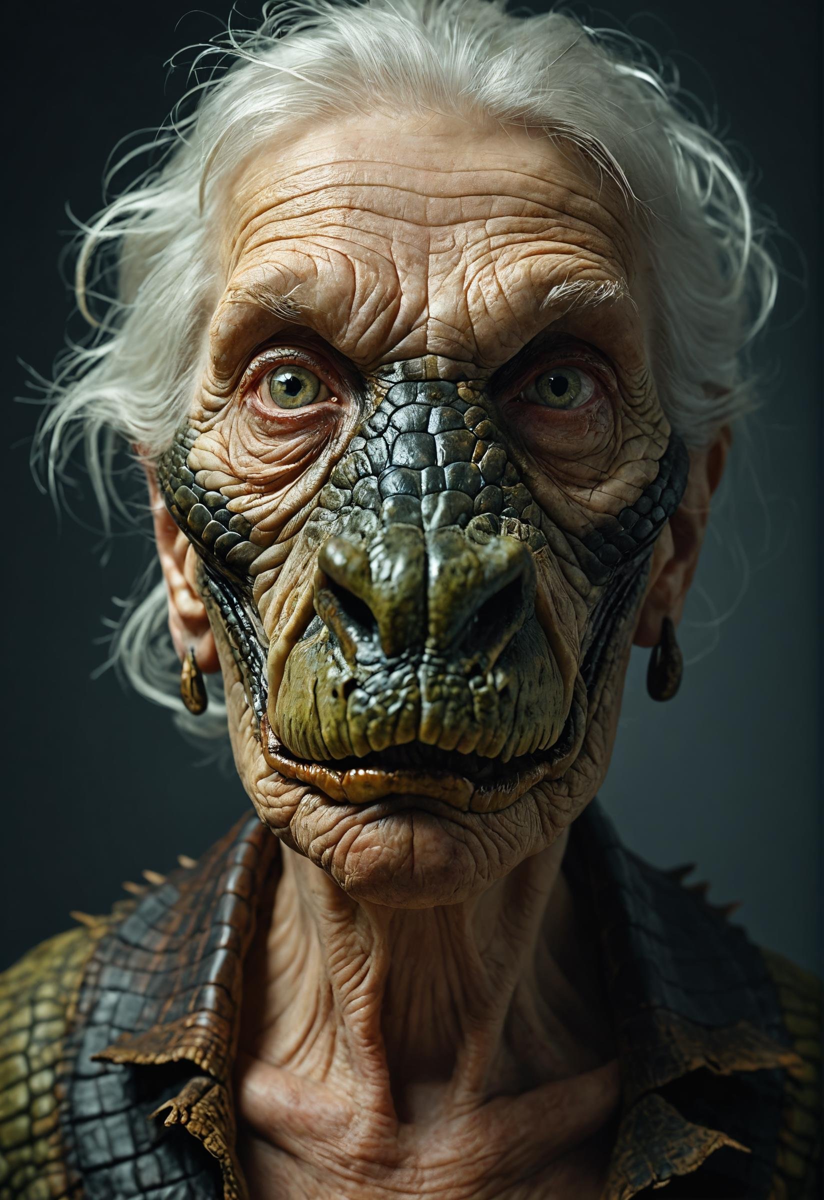 photo,mutation, old woman with alligator head  face,studio lighting,  High-Fantasy Realism<lora:Photoreal:1.1>