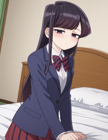 score_9, score_8_up, score_7_up, source_anime,shoukokomi, <lora:shouko-komi-s1s2-ponyxl-lora-nochekaiser:1>,shouko komi, long hair, bangs, black hair, black eyes, half-closed eyes,skirt, shirt, long sleeves, bow, school uniform, jacket, white shirt, pantyhose, pleated skirt, striped, collared shirt, bowtie, red skirt, blazer, blue jacket, striped bow, striped bowtie,indoors, bed, bed room, on side, blush, drunk,looking at viewer, cowboy shot, dutch angle, solo,