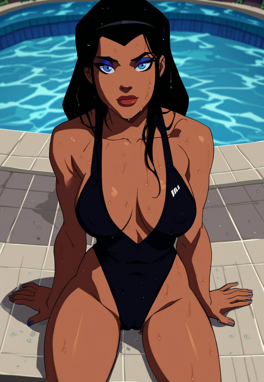 score_9_up, score_8_up, score_7_up, <lora:Young_justice_girls_PDXL_by_paprikalem:0.9>, dc comics, young justice style, flat colors,1girl, queen bee, blue eyes, black hair, long hair, makeup, dark skin, big breasts, black one-piece swimsuit, cameltoe, wet, sitting, looking at viewer, indoors, pool, front view, high quality