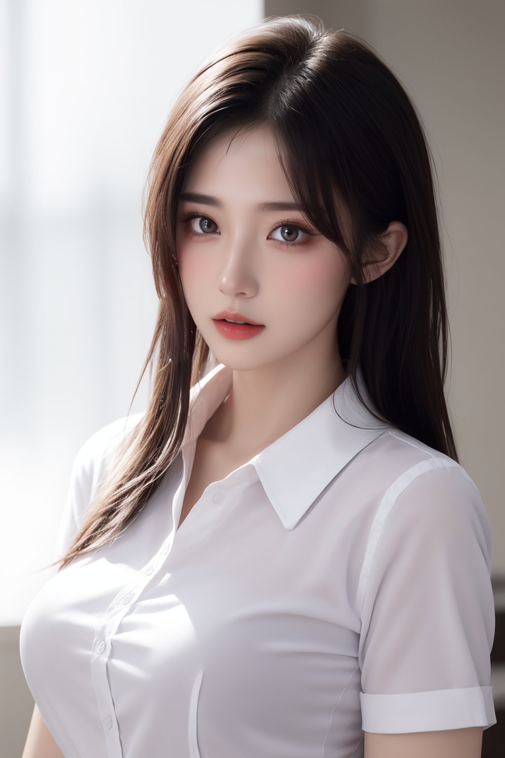 1girl, black hair, bra, bra visible through clothes, breasts, brown eyes, collared shirt, large breasts, lips, long hair, looking at viewer, nose, photorealistic, realistic, see-through, shirt, short sleeves, solo, underwear, upper body, wet clothes, wet shirt, white shirt, wing collar <lora:美女:0.8>