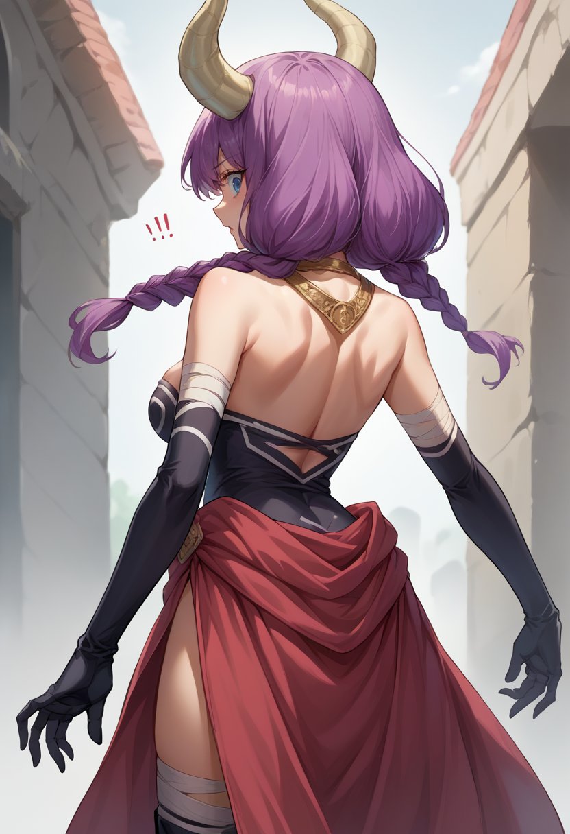 score_9, score_8_up, source_anime, 1girl, solo, AuraFrieren, purple hair, blue eyes, horns, long hair, twin braids, necklace, strapless shirt, black shirt, red waist cape, elbow gloves, black gloves, thigh boots, from behind, looking back, surprise, <lora:ChamAuraPonyXL:1>