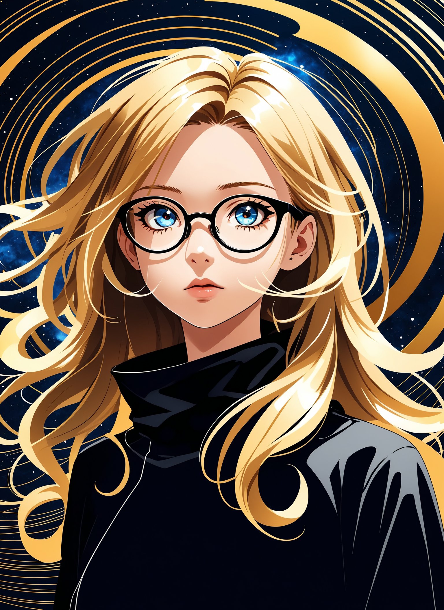 Medium format photography, (Anime girl with cosmic swirls backdrop:1.3), Golden ratio composition, Stylish glasses, Flowing hair strands, (Modern punk elements:1.2), Dark animated backdrop, Full HD vector quality, Conviction illustrated, Character's mood shining