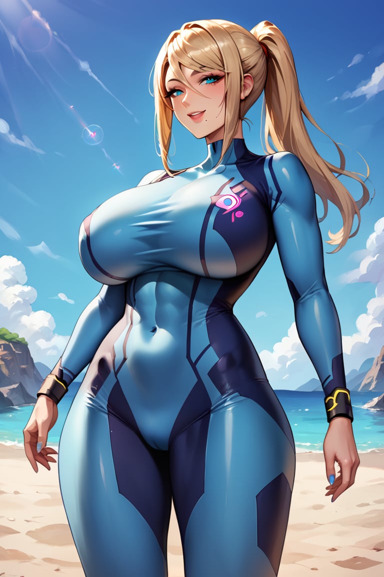 score_9, score_8_up, score_7_up, score_6_up, source_anime, beautiful face, expressive eyes, solo, outer space, scenery, dramatic lighting, anime screencap, smile, 1girl, (mature female, older, milf, motherly, huge breasts), wide hips, Samus Aran, blonde hair, bodysuit, blue clothes, blue pants <lora:MatureFemalePony:0.8> 