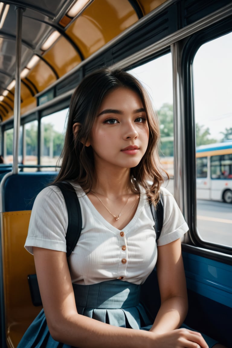 cute girl sitting on a bus, natural lighting from window, 35mm lens, soft and subtle lighting, girl centered in frame, shoot from eye level, incorporate cool and calming colors