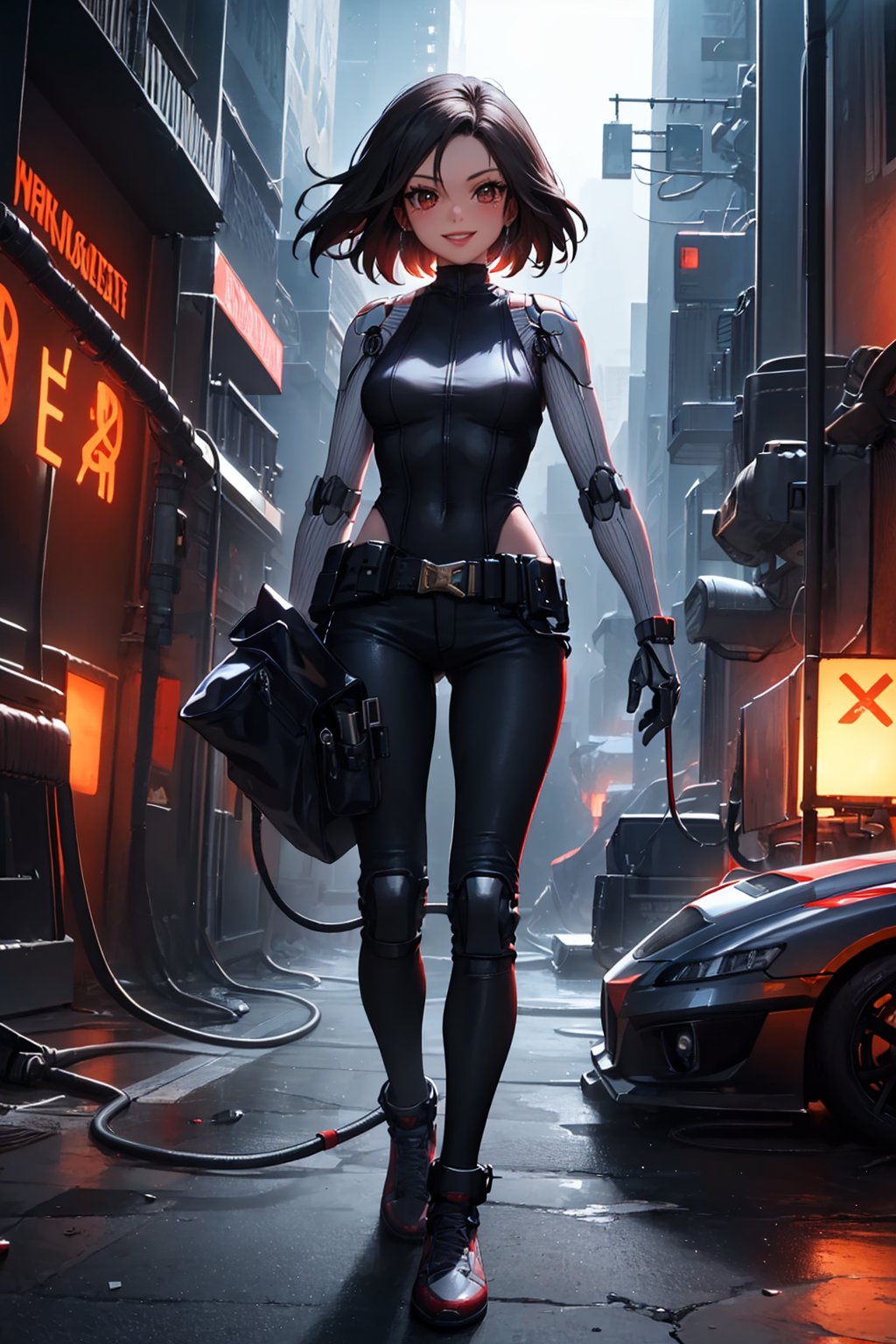 masterpiece,best quality, highly detailed, alita,1girl, solo, mechanical parts, cable, looking at viewer, cyberpunk, cyborg, android, science fiction, wire, full body, damaged, smile, robot joints,<lora:alita:1>