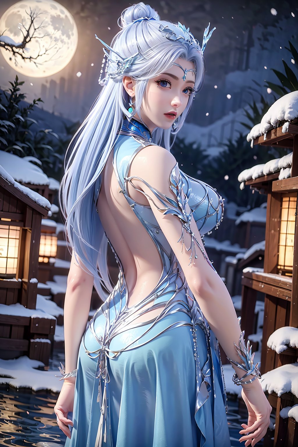 SFW,(masterpiece:1.2),best quality,absurdres,masterpiece,original,extremely detailed wallpaper,perfect lighting,(extremely detailed CG:1.2),1girl, solo, long hair, looking at viewer, blue eyes, hair ornament, dress, jewelry, blue hair, white hair, earrings, looking back, water, hair bun, from behind, night, blue dress, back, moon, single hair bun, snow, backless outfit, backless dress