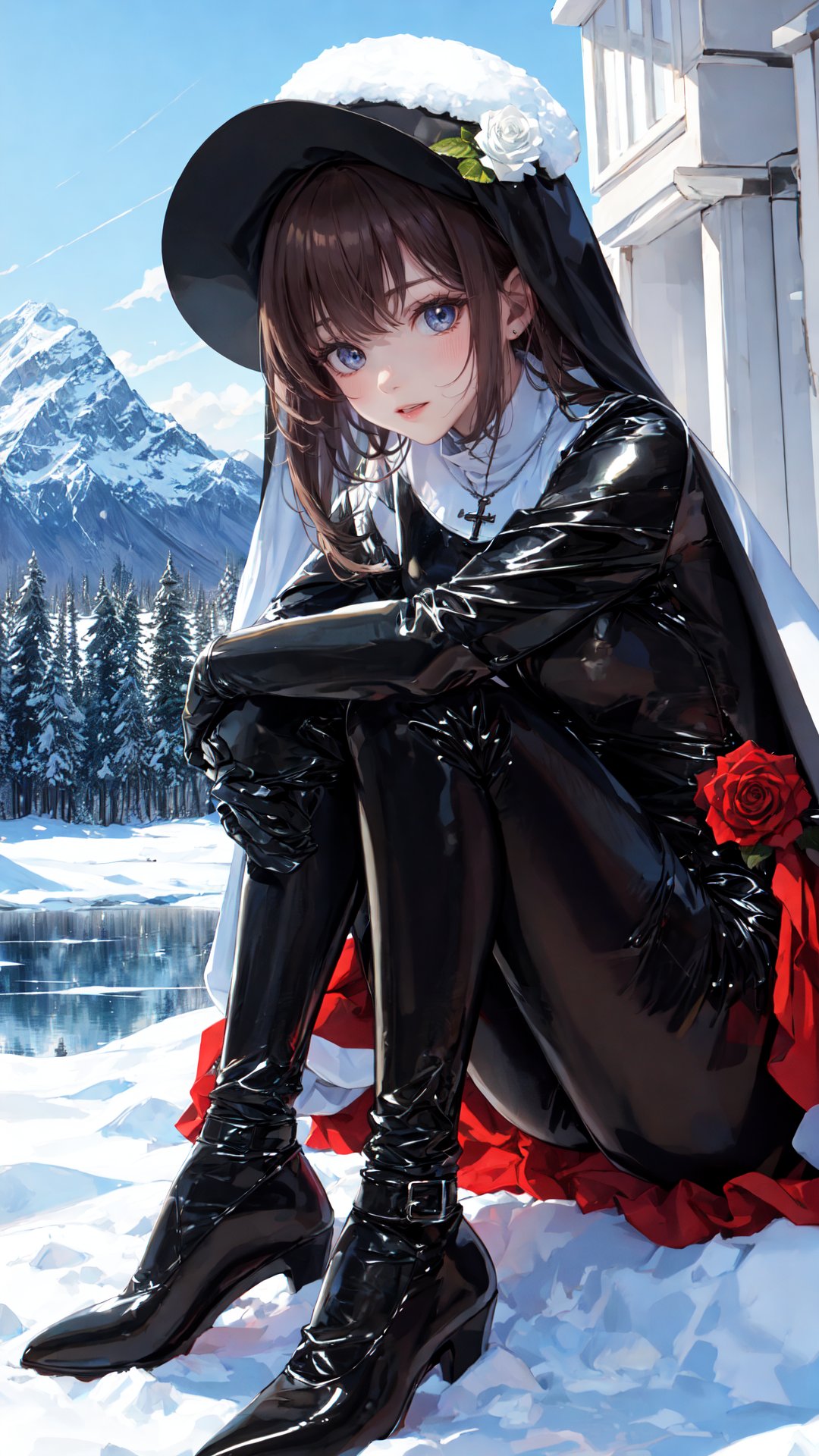 tutututu, nun,cross necklace, latex bodysuit, shiny clothes,masterpiece, best quality, winter, snow field, 1girl, bangs, blue eyes, blunt bangs,brown hair,fruit, full body, hat, long hair, looking at viewer, red flower, red rose, rose,  sitting, solo, sky, sun, mountain, forest, lake, <lora:tutu修女:0.65>