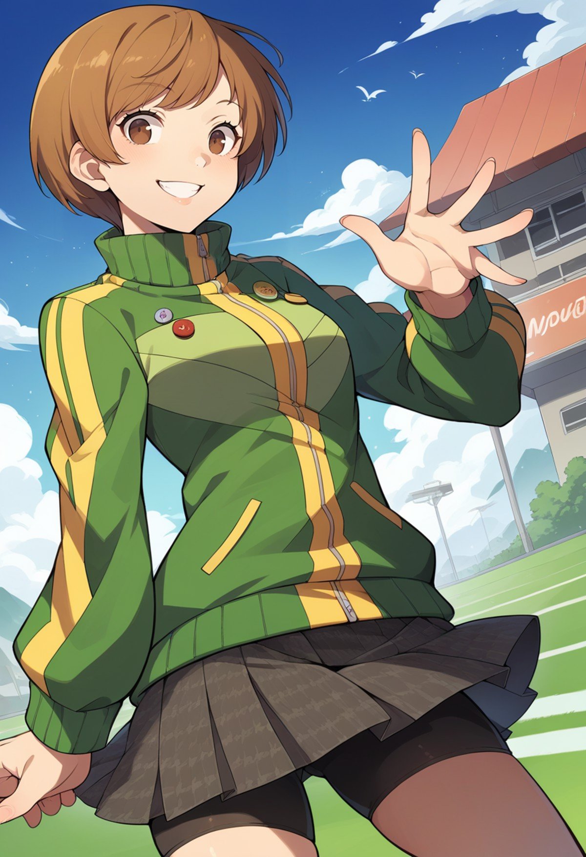 score_9, score_8_up, score_7_up, source_anime BREAK 1girl, solo, <lora:zs_ChieXL:1> chiedef, brown hair, short hair, brown eyes, green track jacket, badges, skirt, houndstooth, bike shorts, white socks, cowboy shot, smile, village