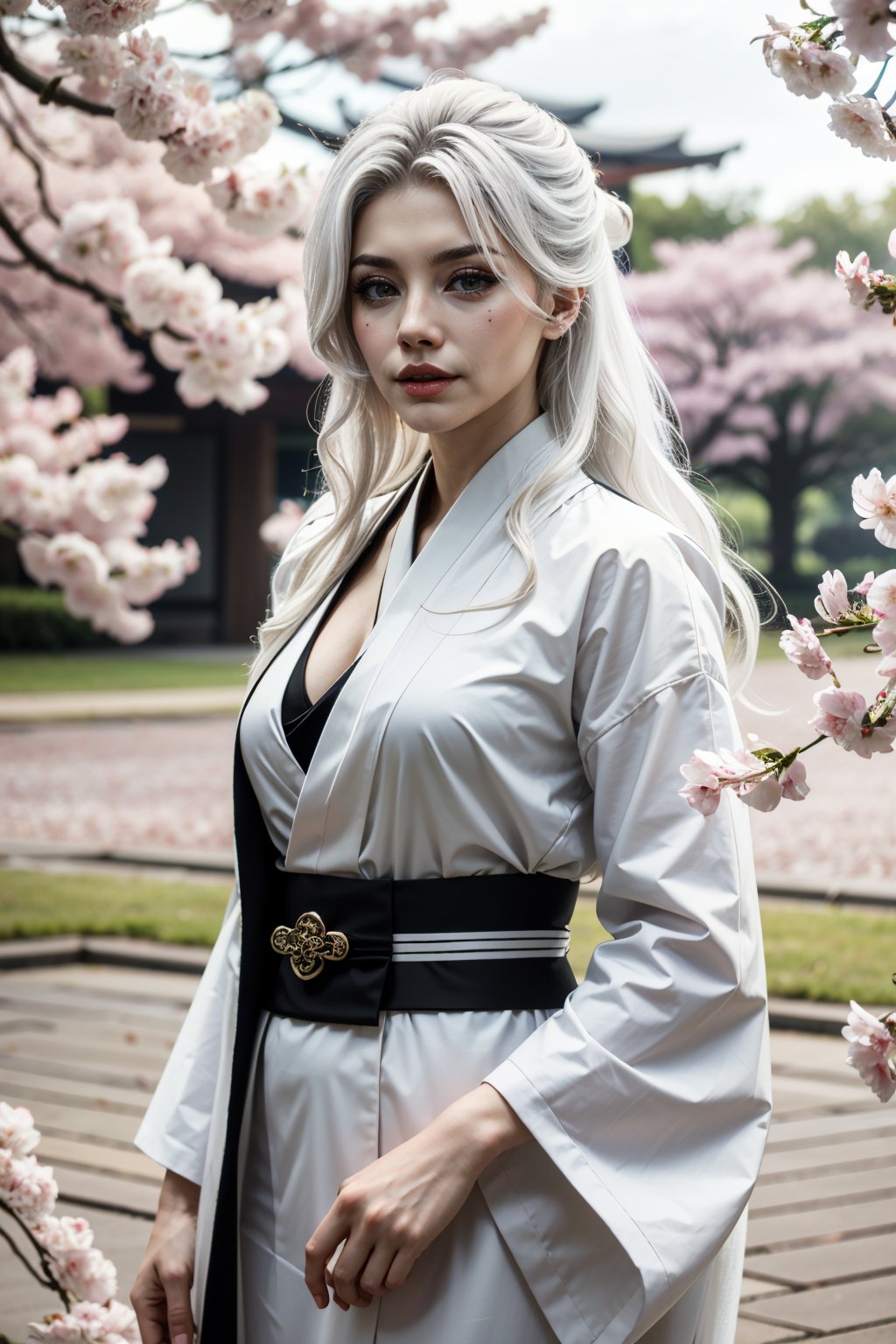 ((ultra detailed, masterpiece, absurdres)) <lora:SpiderBlackCat:0.9>SpiderBlackCat, 1girl, white hair, long hair, in a traditional kimono, surrounded by cherry blossoms