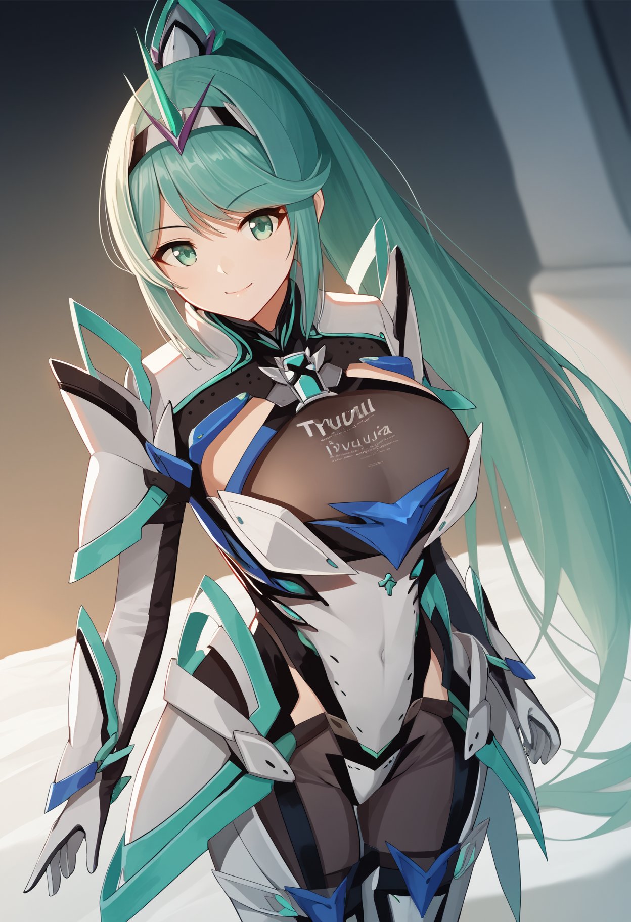 score_9, score_8_up, score_7_up, source_anime BREAK 1girl, solo, <lora:pneuma-xb-richy-v1_pdxl:1> pnmdef, aqua eyes, aqua hair, long hair, ponytail, tiara, large breasts, armor, gloves, looking at viewer, closed mouth, smile