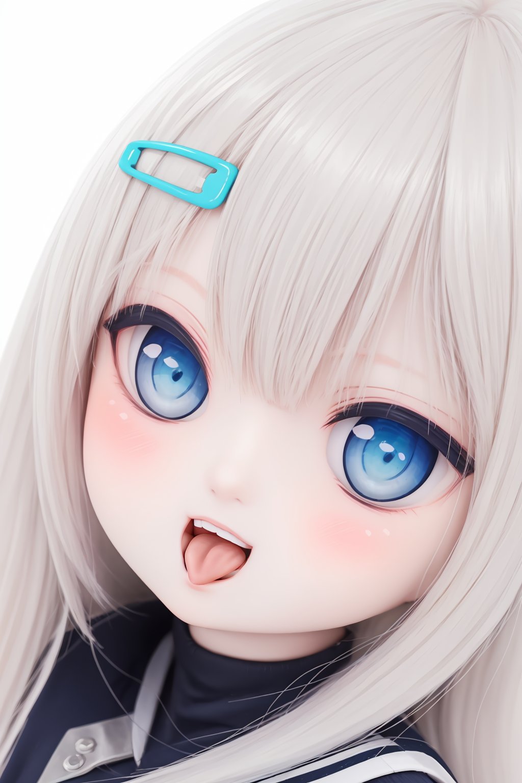 1girl,blue eyes,solo,open mouth,long hair,hair ornament,looking at viewer,bangs,tongue,hairclip,white hair,smile,food,sailor collar,slit pupils,blush,tongue out,:d,holding,doll,BJD,dtghdg254793,stfhgd796we2,adsderl931sq,cute,