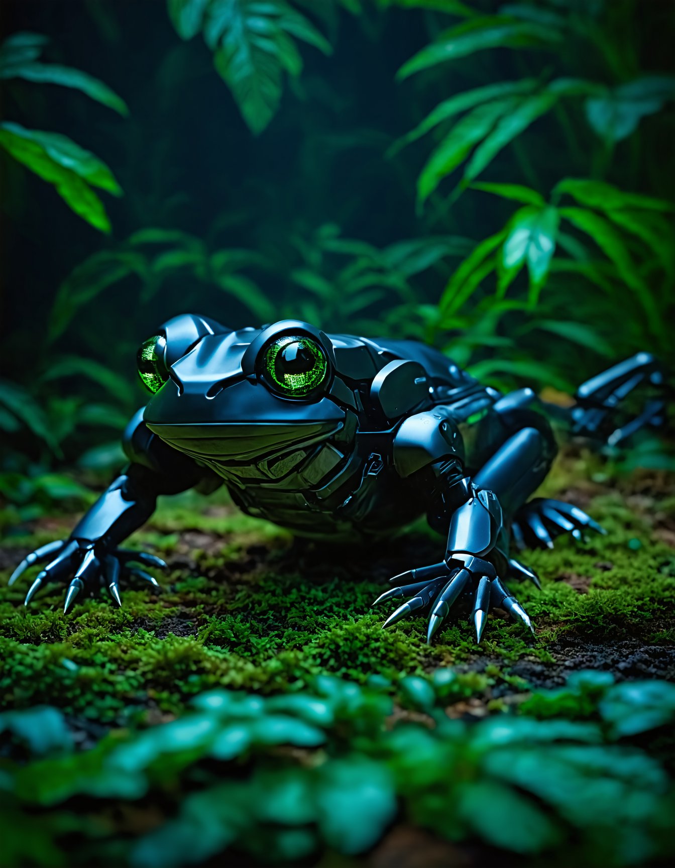 (best quality,8K,highres,masterpiece), ultra-detailed, (futuristic sci-fi robot frog), portrayal of a sleek robotic frog with a matte black finish and glowing green accents. The frog's body is streamlined for stealth, with retractable claws and a tail that doubles as a whip-like weapon. Its eyes are advanced night vision sensors. The background features a high-tech jungle with neon flora and hidden surveillance systems, emphasizing the frog's stealth and predatory nature.