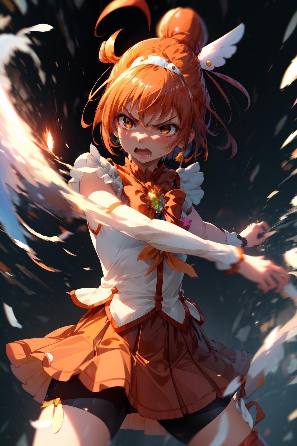 masterpiece,best quality,1girl,cure sunny,bowtie,feather hair ornament,single hair bun,ahoge,tiara,bare arms,ribbon,bowtie,orange short shorts,shorts under skirt,(angry),fighting stance,action pose,attack,motion lines,motion blur,blast wave,cowboy shot,<lora:locon_cure_sunny_1:0.9>,