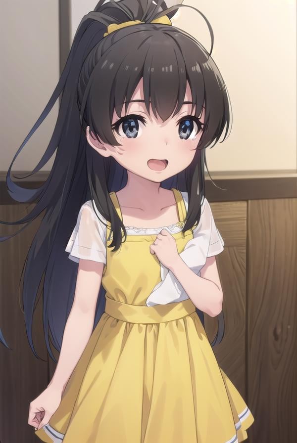 hinatakanashi, <lora:hina takanashi s1-lora-nochekaiser:1>,hina takanashi, long hair, black hair, (black eyes:1.3), ponytail, antenna hair, child, smile, open mouth,BREAK dress, yellow dress, short sleeves,BREAK indoors,BREAK looking at viewer, (cowboy shot:1.5),BREAK <lyco:GoodHands-beta2:1>, (masterpiece:1.2), best quality, high resolution, unity 8k wallpaper, (illustration:0.8), (beautiful detailed eyes:1.6), extremely detailed face, perfect lighting, extremely detailed CG, (perfect hands, perfect anatomy), 