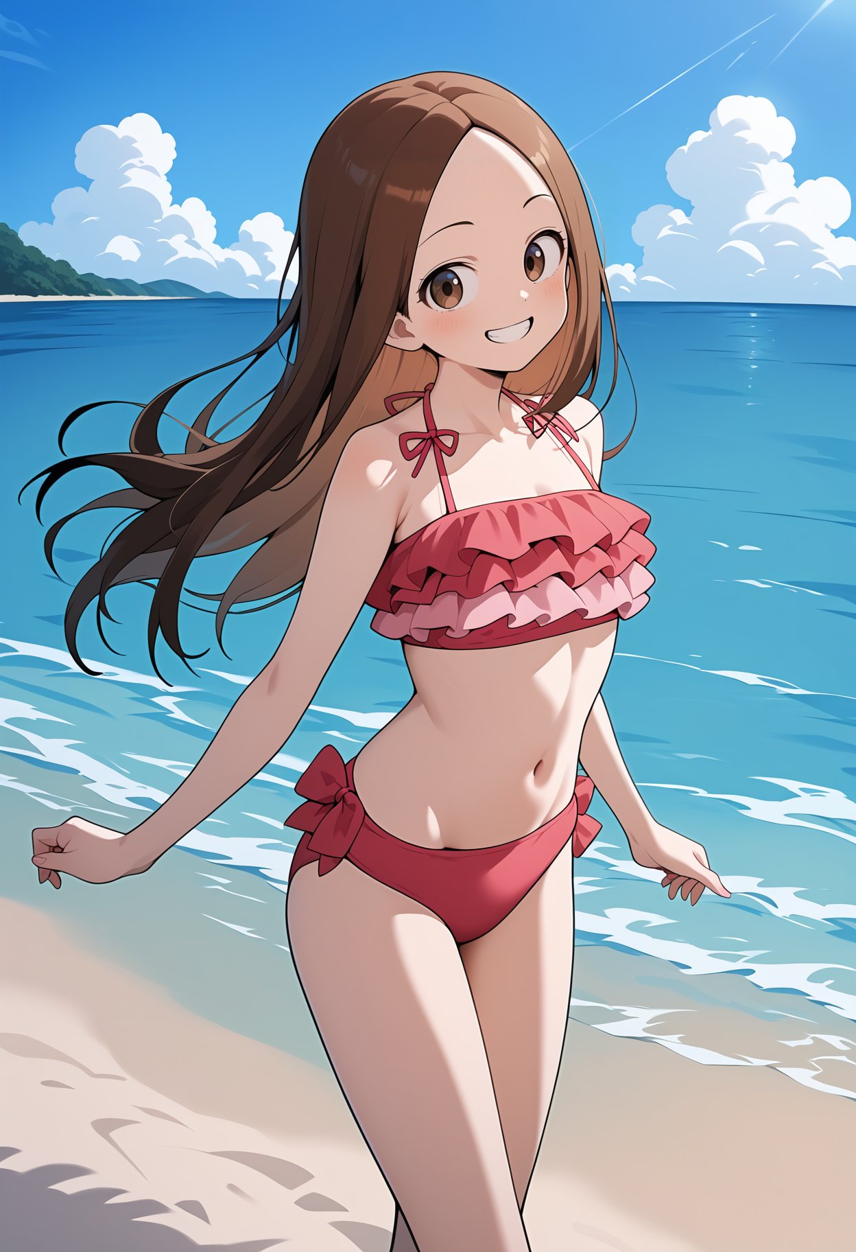 score_9, score_8_up, score_7_up, score_6_up, score_5_up, score_4_up, source_anime, aatakagi, solo, long hair, brown hair, parted bangs, frilled bikini, pink bikini, <lora:takagi-san_ponyxl_v1:0.9>, standing, cowboy shot, smile, beach, straight-on, 