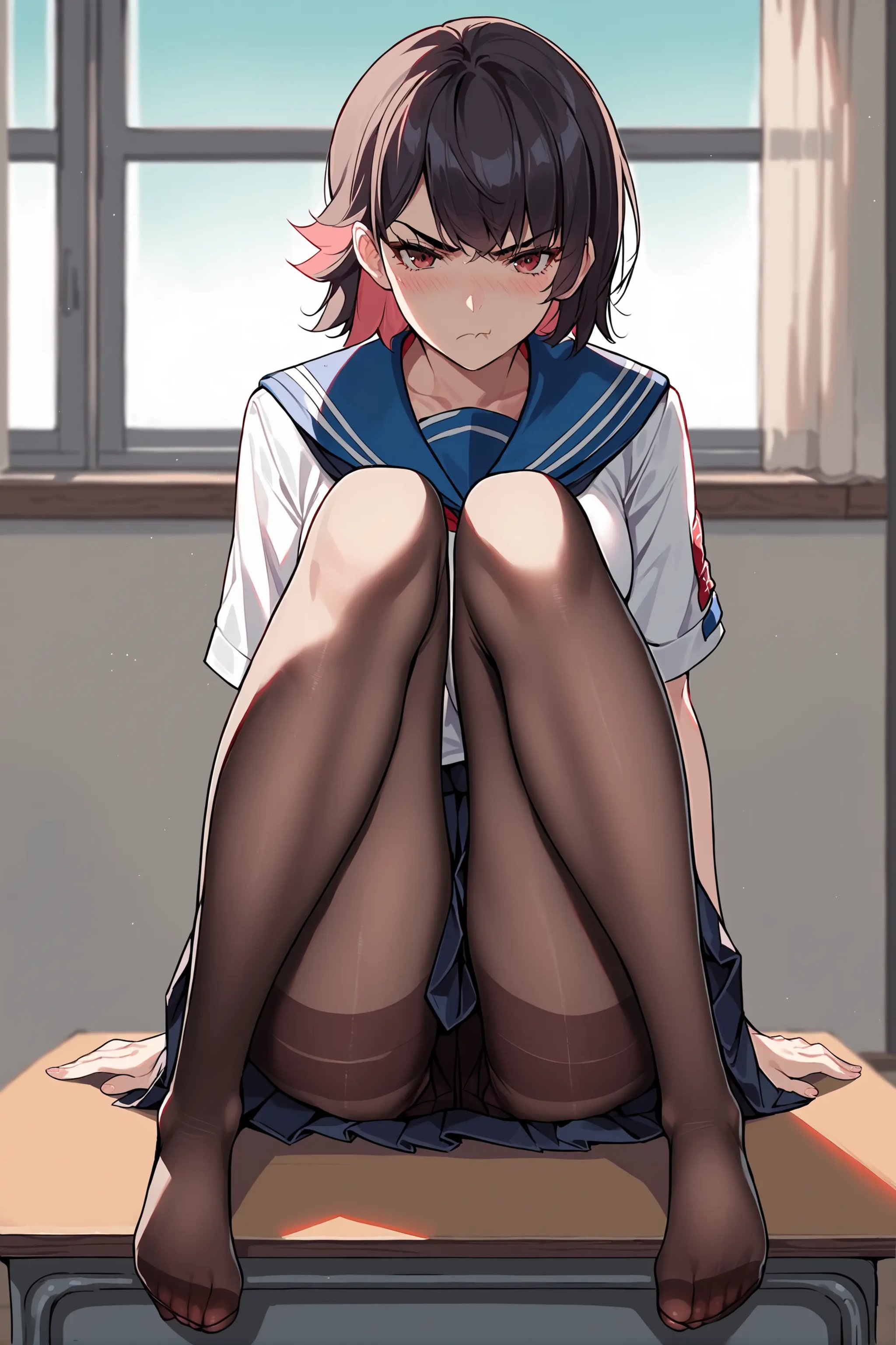 score_9, score_8_up, score_7_up, source_anime, 1girl, ellen joe, solo, serafuku, sailor collar, pleated skirt,  pantyhose, no shoes, looking at viewer, glaring, blush, pout, full body, sitting, wariza, classroom, indoors, depth of field  <lora:Char-ZZZ-EllenJoe-pony-V1:0.8>  <lora:Style-Expressive_H-pony:0.8>