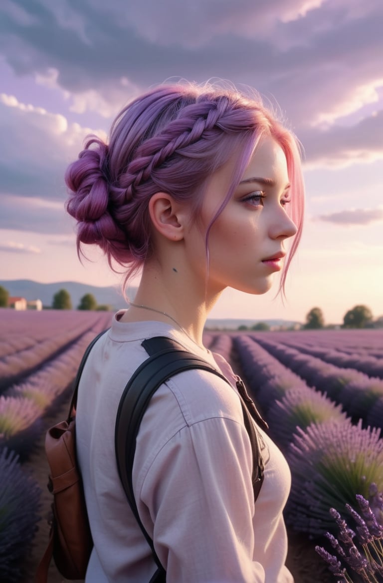 masterpiece of photorealism, photorealistic highly detailed 8k photography, best hyperrealistic quality, volumetric lighting and shadows, braided hairstyle pink hair young woman in casual clothes, Lavender Fields under a Purple Sky full of busy people, Cinematic Handheld Shaky Cam