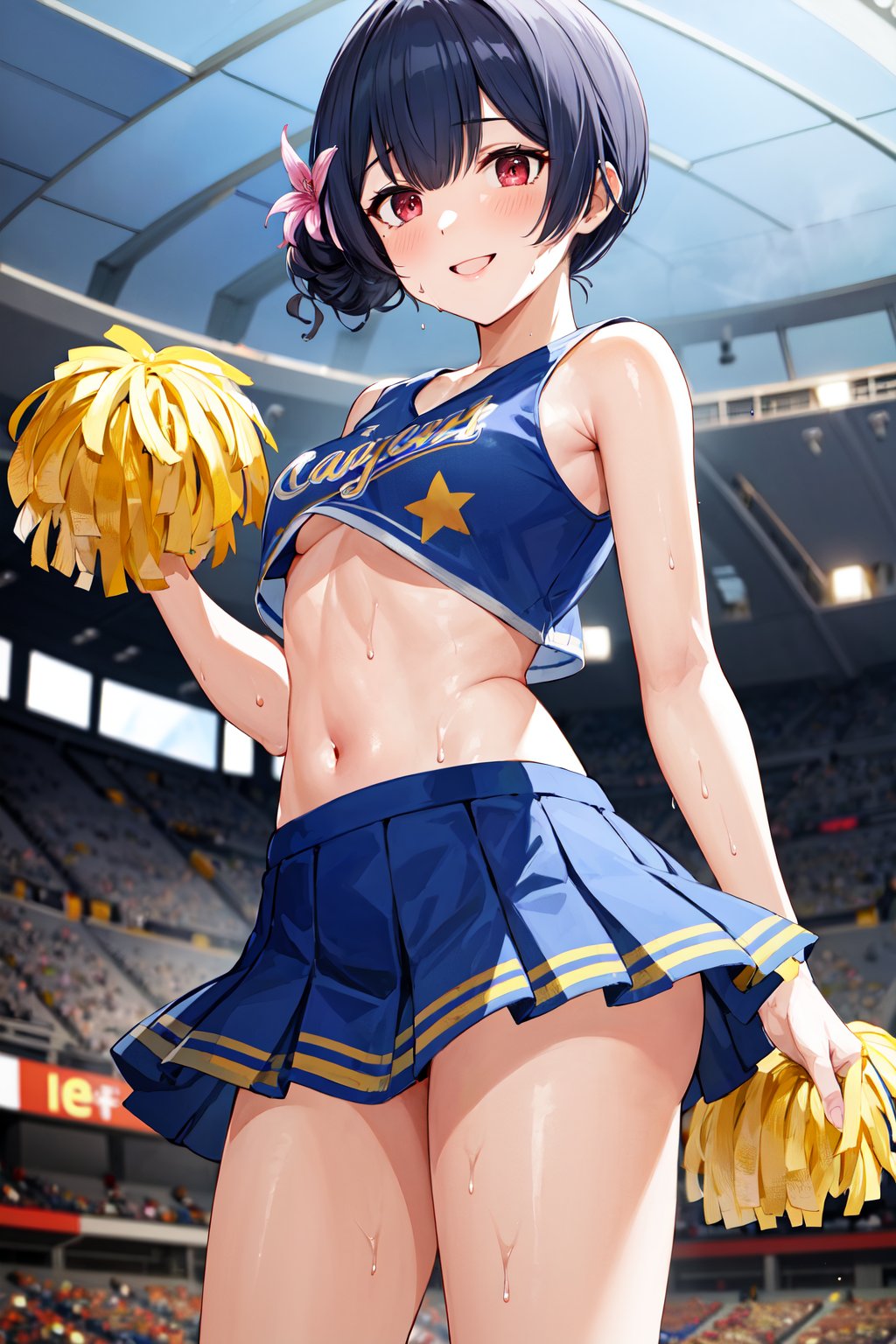 masterpiece, best quality, highres, aarinze, short hair, single hair bun, hair flower, <lora:morino_rinze_v1:0.7>, small breasts, cheerleader, pom pom \(cheerleading\), smile, standing, stadium, midriff, standing, cowboy shot, sweat