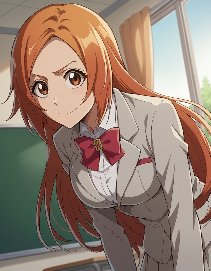 score_9, score_8_up, score_7_up, source_anime,inoueorihime, <lora:inoue-orihime-tybw-ponyxl-lora-nochekaiser:1>,inoue orihime, long hair, orange hair, brown eyes,school uniform, blazer, grey blazer, shirt, white shirt, collared shirt, bowtie, red bowtie,indoors, classroom, bent over, smile,looking at viewer, cowboy shot, dutch angle, solo,