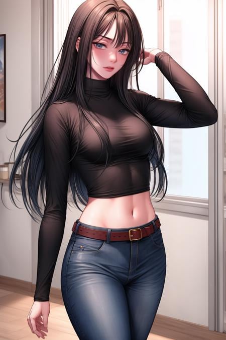 (masterpiece, best quality),<lora:Kang Yuna-lora-Faxtron:0.8> kang yuna, blueish-gray eyes, black hair, long hair, medium breasts, navel, belt, black turtleneck,  long sleeves, blue jeans, brown boots,<lora:add_detail:1> 