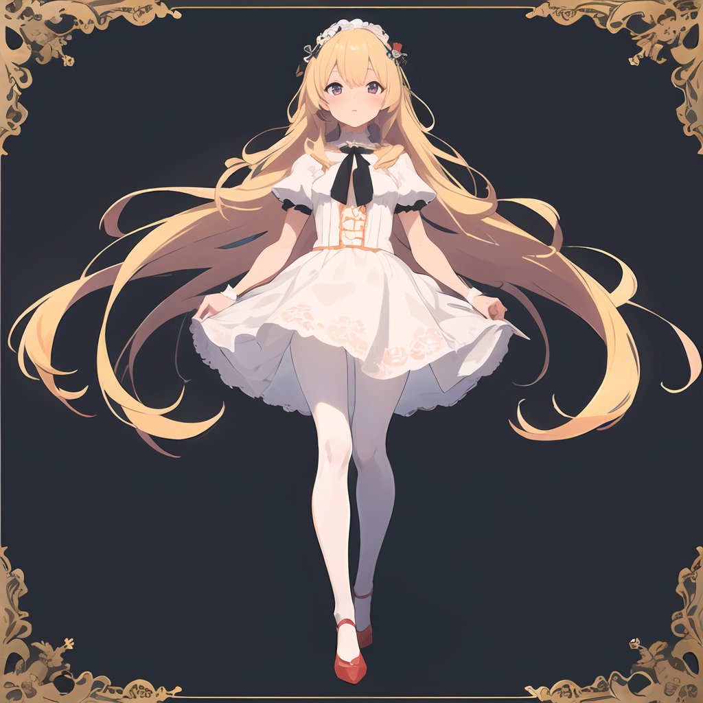 (Anime:1.1),Illustration style,1girl,solo,long hair,looking at viewer,blonde hair,White pantyhose,floating_hair,center frame,sharp focus,best quality,masterpiece,extremely detailed,detailed background,Lace trims,(bestquality),(masterpiece),Full body image,<lora:human_preference_lora_alpha:0.5>,