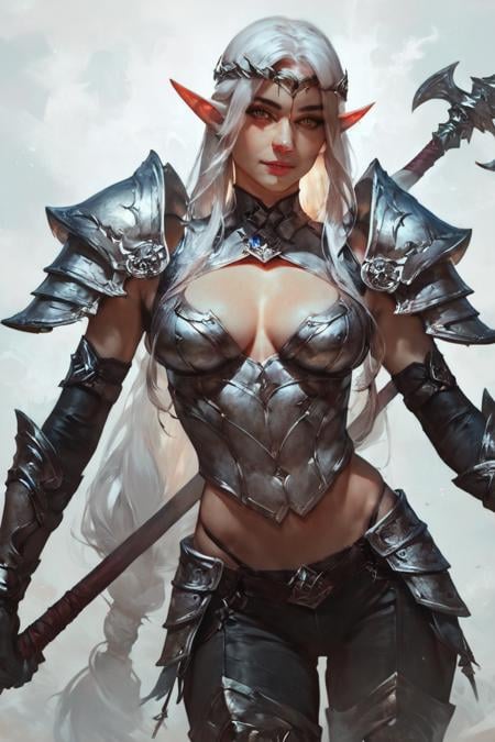 score_9, score_8_up, score_7_up, concept art, realistic, 1girl, pointy ears, breasts, long hair, solo, elf, gloves, portrait, cowboy shot, standing, cleavage, armor, white hair, elbow gloves, black gloves, looking at viewer, boots, circlet, medium breasts, very long hair, wariza, cleavage cutout, clothing cutout <lora:Concept Art Style SDXL_LoRA_Pony Diffusion V6 XL:1>