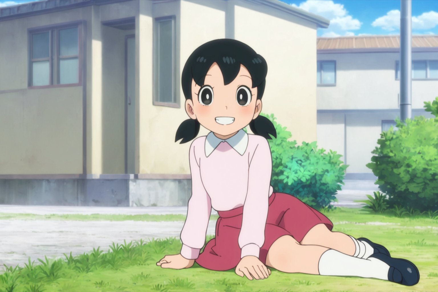 minamoto shizuka,1girl, solo, skirt, twintails, red skirt, black hair, smile, shirt, outdoors, sitting, black eyes, looking at viewer, yokozuwari, bright pupils, low twintails, long sleeves, shoes, pink shirt, white pupils, collared shirt, grin, day, socks, white socks, short twintails, on ground, building, full body, blush, arm support, teeth, sky,masterpiece, perfect face, best quality, beautiful eyes, shiny eyes, anime coloring, anime screencap, absurdres, award winning, <lora:minamoto shizuka niji 905:0.8>