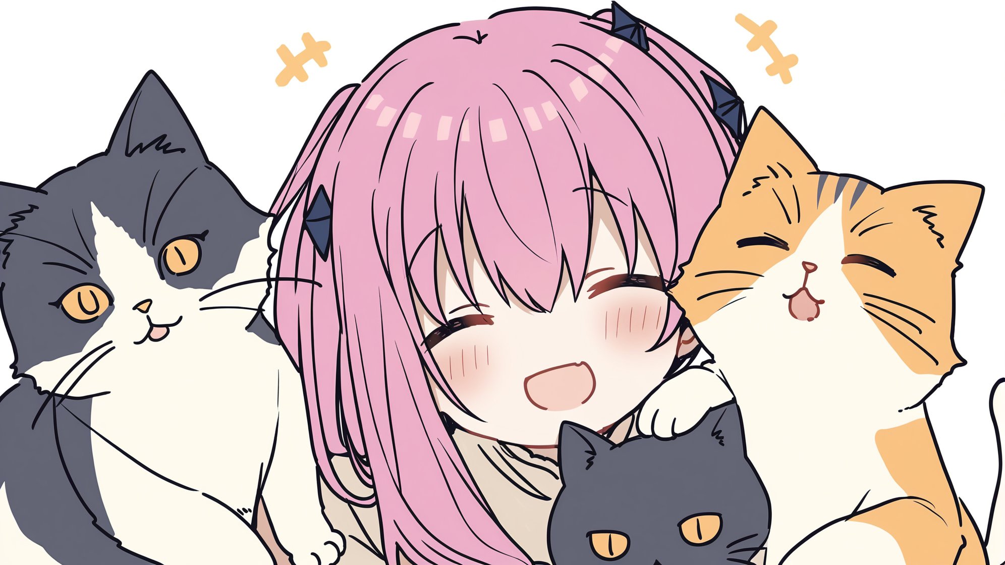 1girl,blush,smile,open mouth,simple background,hair ornament,white background,holding,closed eyes,pink hair,symbol-shaped pupils,animal,cat,+ +,holding animal,holding cat,