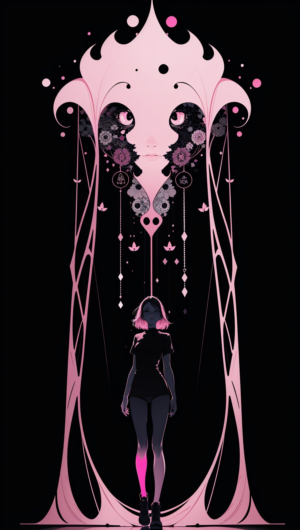 (silhouette:1.25),woman,dark background,blacklight,mid shot,full body,somber expression,looking down,dark energy,vibrant magenta,portal to another world,flat color,flat shading,ultra realistic,highres,superb,8k wallpaper,extremely detailed,intricate,limited palette,pink,