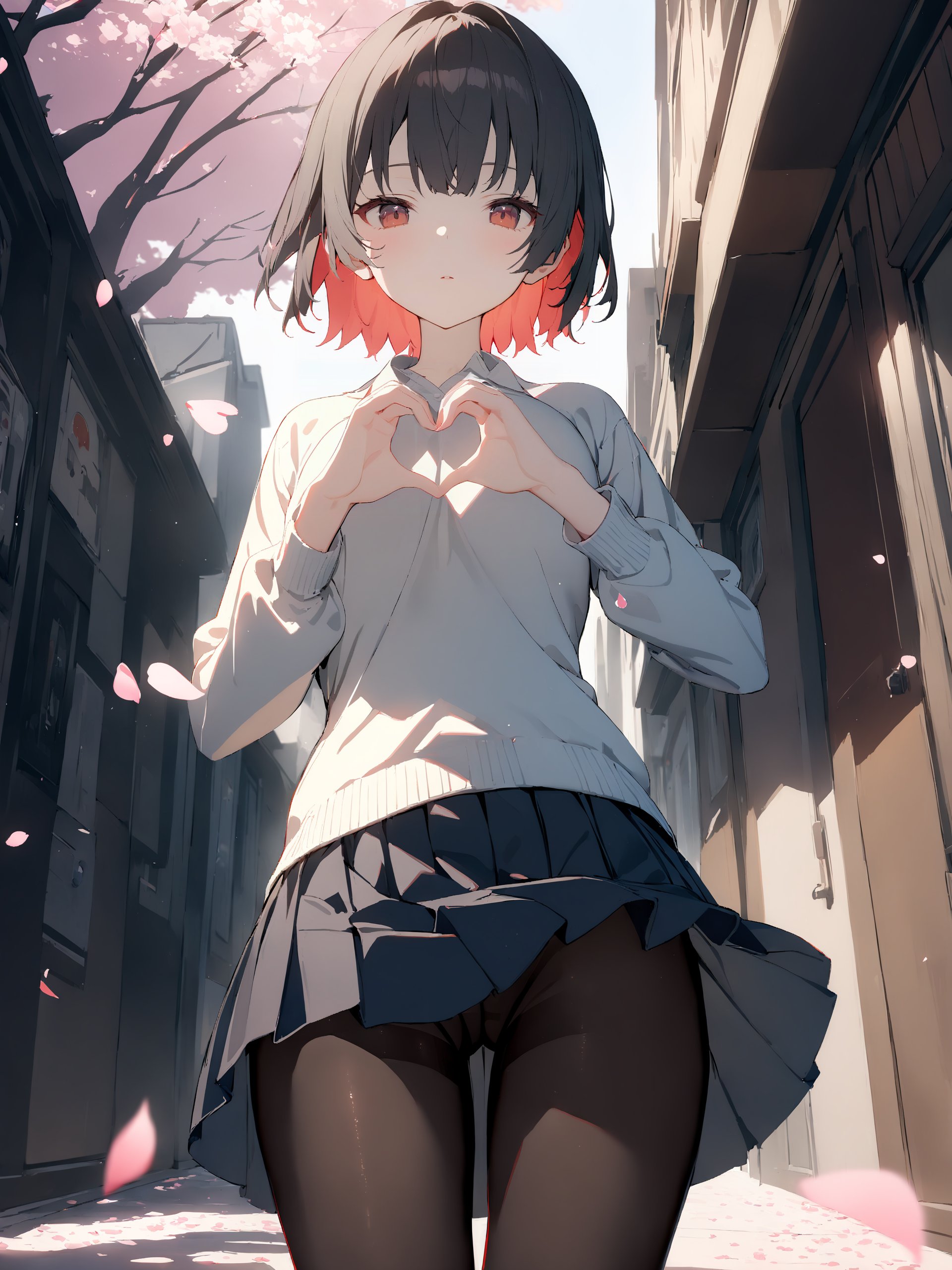 1girl, ellen joe, solo, school uniform, white shirt, sweater, pleated skirt, pantyhose, expressionless, looking at viewer, parted lips, heart hands, outdoors, street, cherry blossoms, petals, depth of field <lora:Char-ZZZ-EllenJoe-XL-V1:1>, masterpiece, best quality, perfect features, intricate details, ray tracing, very aesthetic, (hitenkei, askzy:0.5)