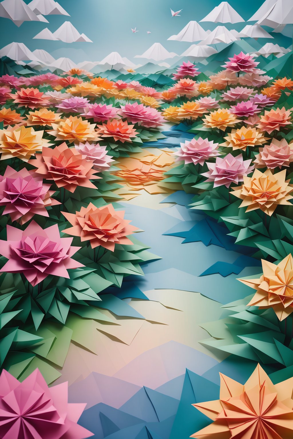 ((best quality)), absurdres, ((ultra high res)), origami, a flower field made with paper, extremely detailed, realistic, 8k, masterpiece, <lora:origami:0.8> 