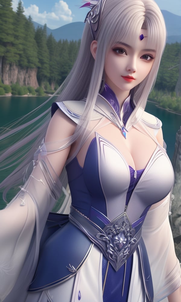 (,1girl, ,best quality, ),looking at viewer, <lora:427-DA-斗破苍穹-小医仙-天毒女-白衣:0.8> ,ultra detailed 8k cg, ultra detailed background,  ,masterpiece, (( , )) , lake,upper body,   (cleavage), (),