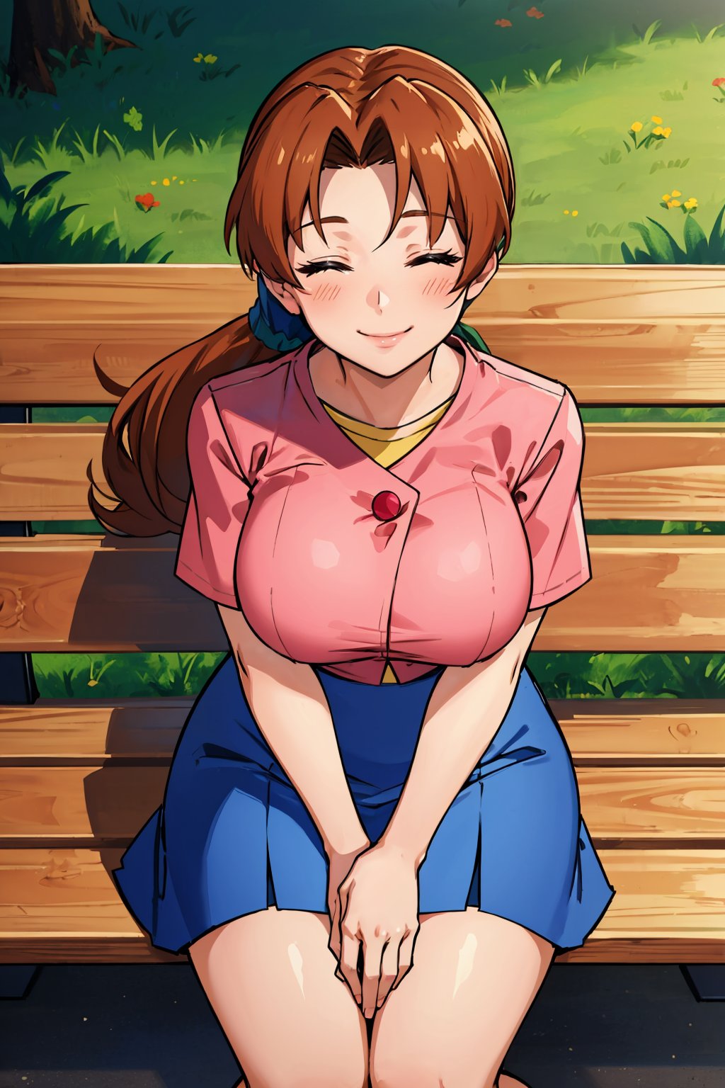 masterpiece, best quality, <lora:pkmndelia-nvwls-v1-000009:0.9> pkmnDelia, ponytail, pink shirt, blue skirt, smile, large breasts, closed eyes, smile, happy, sitting, from above, bench, park, trees