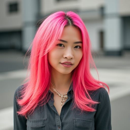 An analog photograph of a 35-year-old Asian woman with neon pink hair standing outdoors in front of a building.