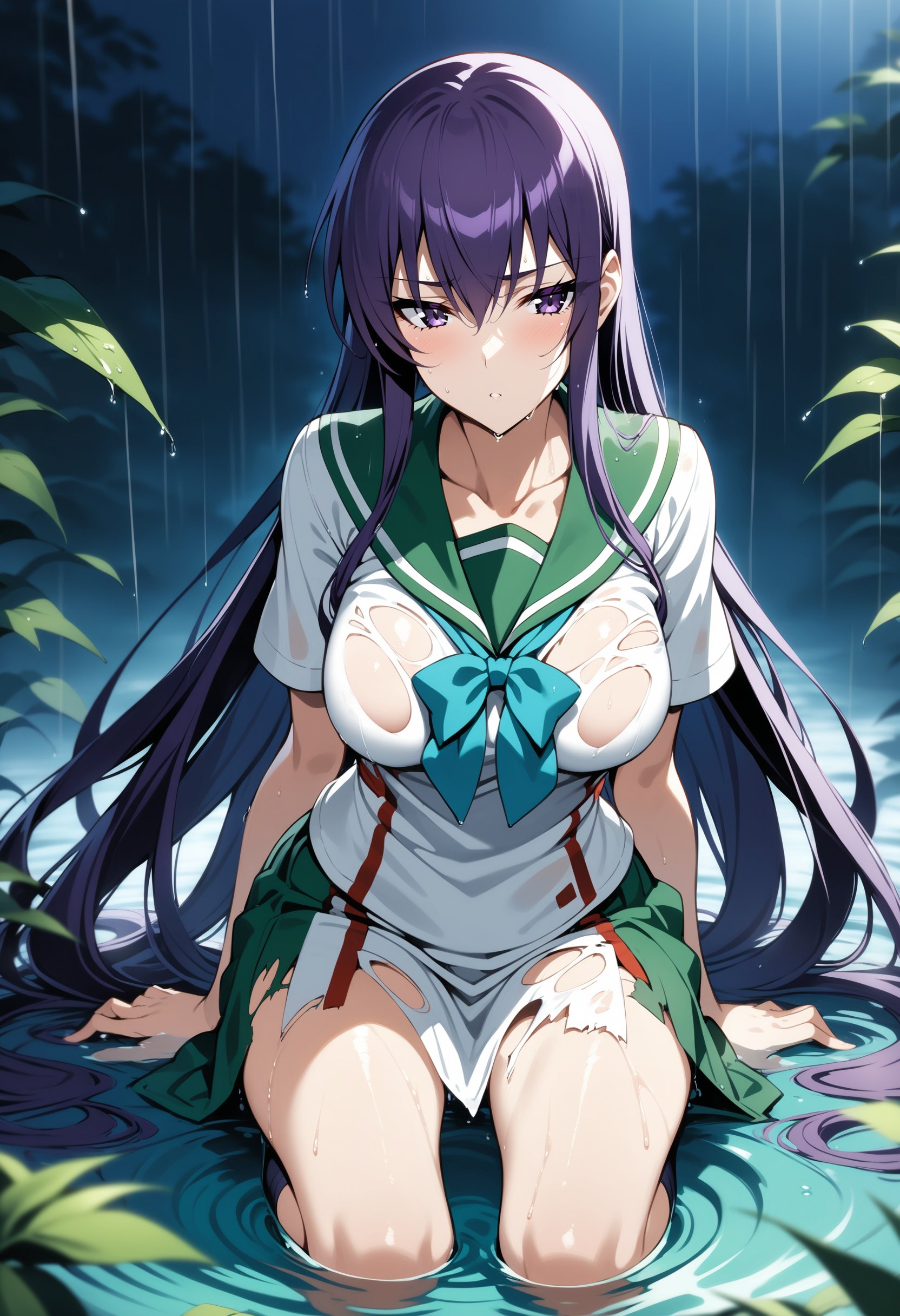 masterpiece, best quality, very aesthetic, absurdres,1girl, busujima saeko, highschool of the dead, purple hair, purple eyes, very long hair, fujimi high school uniform, kneehighs, torn clothes, rain, wet, serafuku, wading,