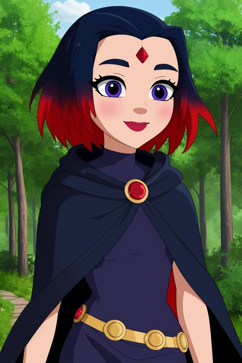 raven, 1girl, solo, purple eyes, black hair, red hair, multicolored hair, two-tone hair, gradient hair, short hair, makeup, forehead jewel,black dress, pantyhose, belt, blue cape,smile,closed mouth,cowboy shot,upper body,forest,outdoor,(insanely detailed, beautiful detailed face, masterpiece, best quality) cinematic lighting,<lora:Raven_SHG_v1:1>, <lora:more_details:0.3>,