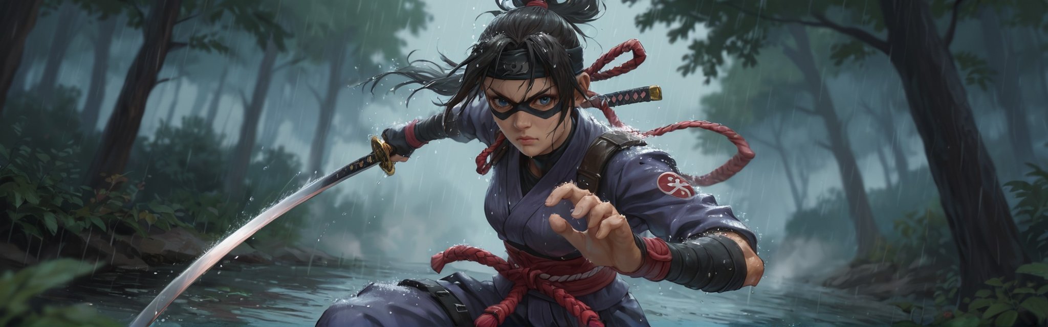 score_9, score_8_up, score_7_up, BREAK, solo, ninja, assassin, portrait, close-up, mask, katana, action pose, parry, rain, forest, fog, motion blur, blurry